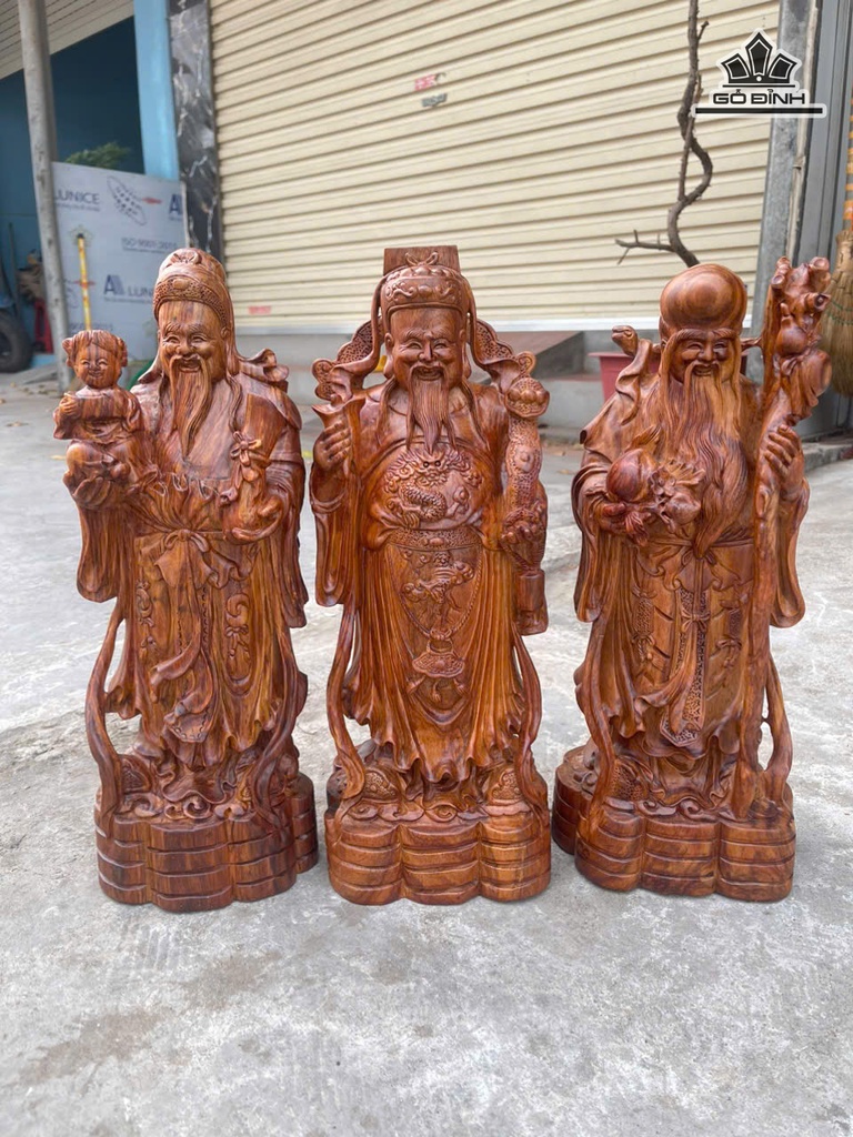 Tượng Phúc Lộc Thọ (Tam Đa) Gỗ Sưa Cao 40 Ngang 15 Sâu 13 (cm)