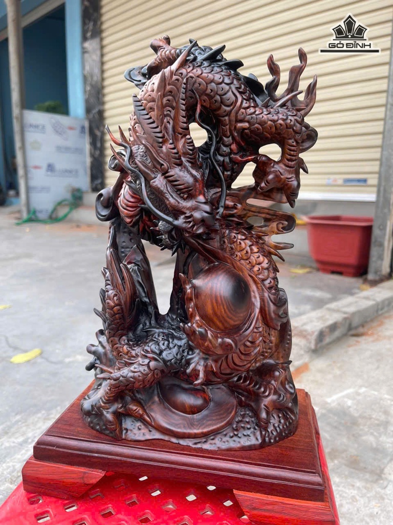 Tượng Rồng Phong Thủy Gỗ Trắc Cao 29 Ngang 16 Sâu 10 (cm)  - Cả Kỷ Cao 33 (cm)