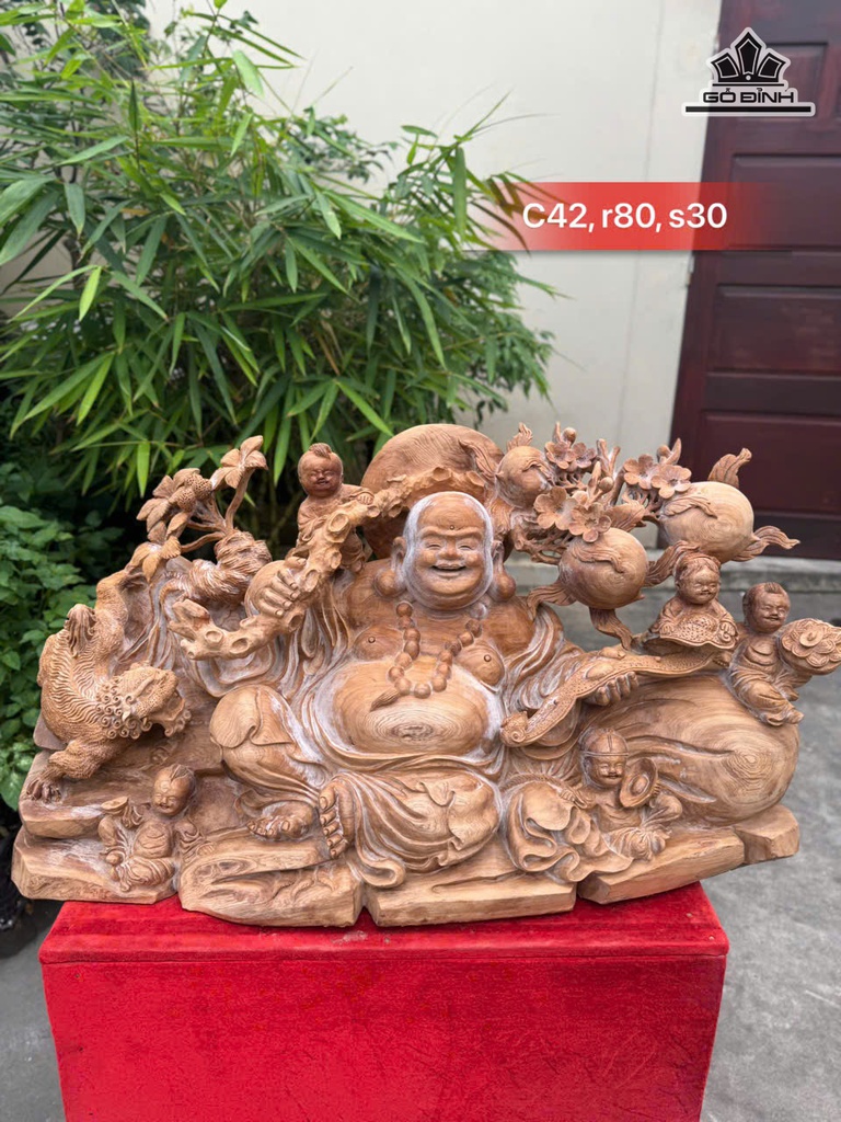 Tượng Phật Di Lặc Ngũ Phúc Gỗ Ngọc Am Cao 42 Ngang 80 Sâu 30 (cm)