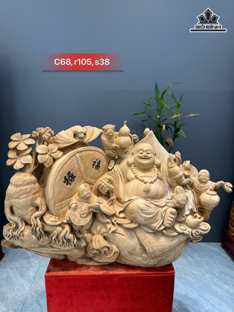 Tượng Phật Di Lặc Tam Phúc Gỗ Ngọc Am Cao 68 Ngang 105 Sâu 38 (cm)