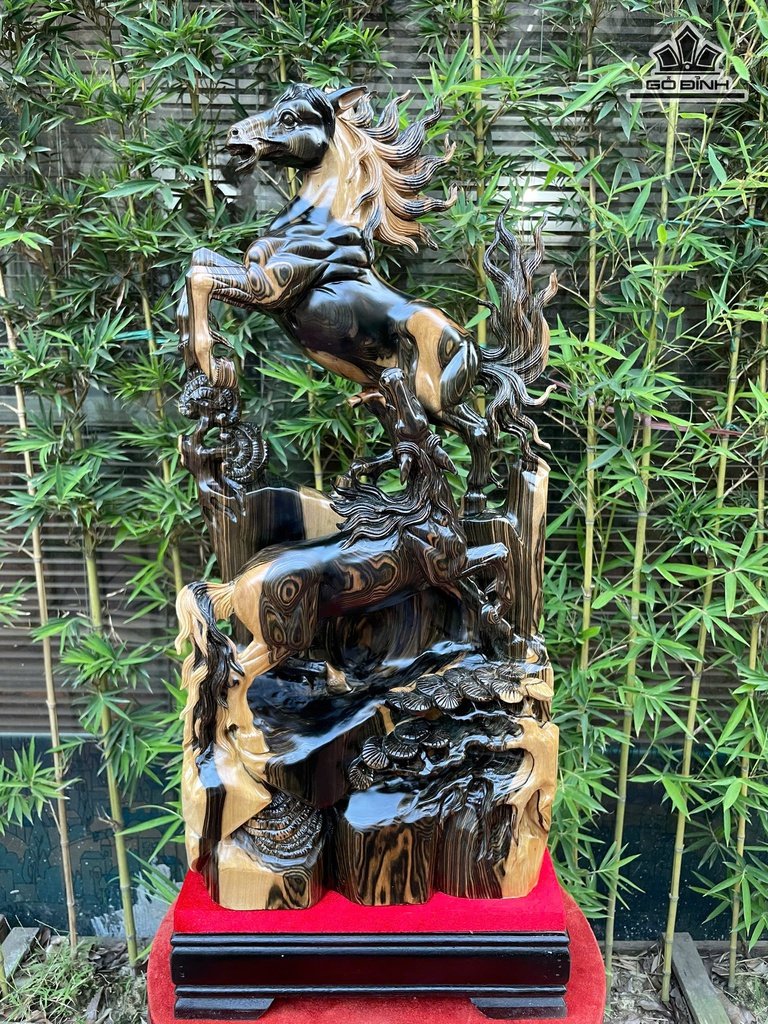 Tượng Song Mã Uyên Ương Gỗ Mun Hoa Cao 70 Ngang 30 Sâu 14 (cm)