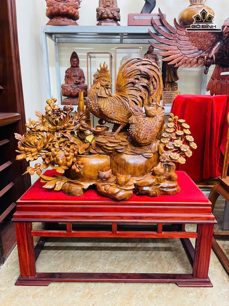 Tượng Gia Đình Gà Gỗ Hương Cao 74 Ngang 105 Sâu 56 (cm) - 62kg - Cả Kỷ 125 Ngang 109 Sâu 58 (cm)