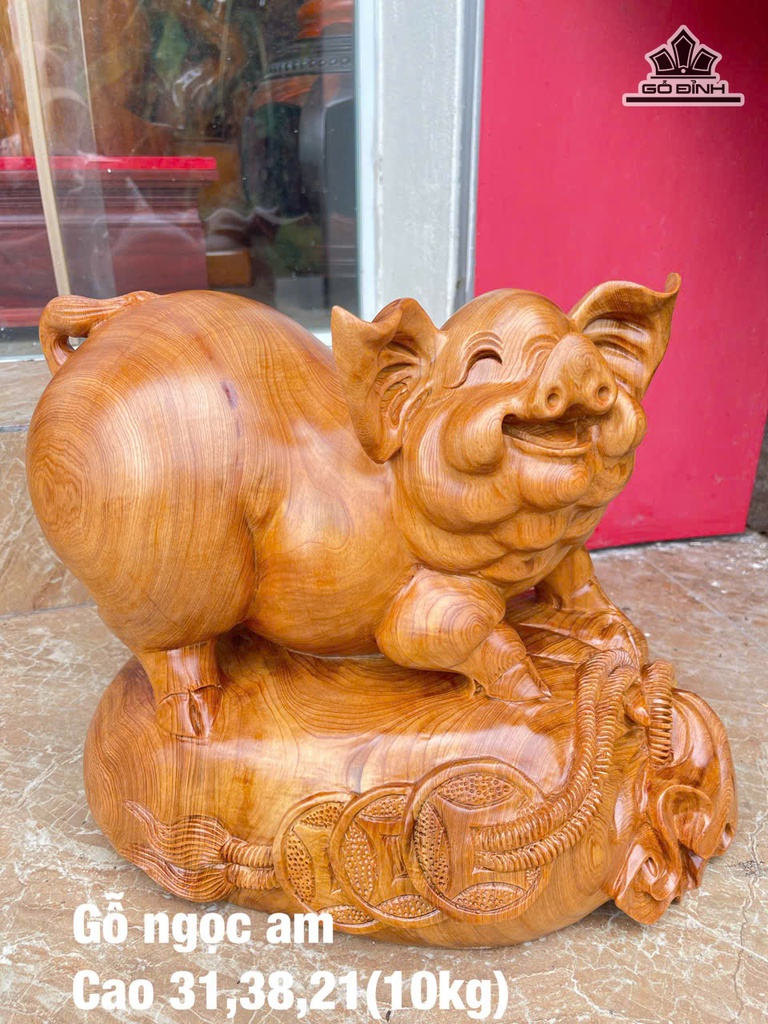 Tượng Heo Gỗ Ngọc Am Cao 31 Ngang 38 Sâu 21 (cm)