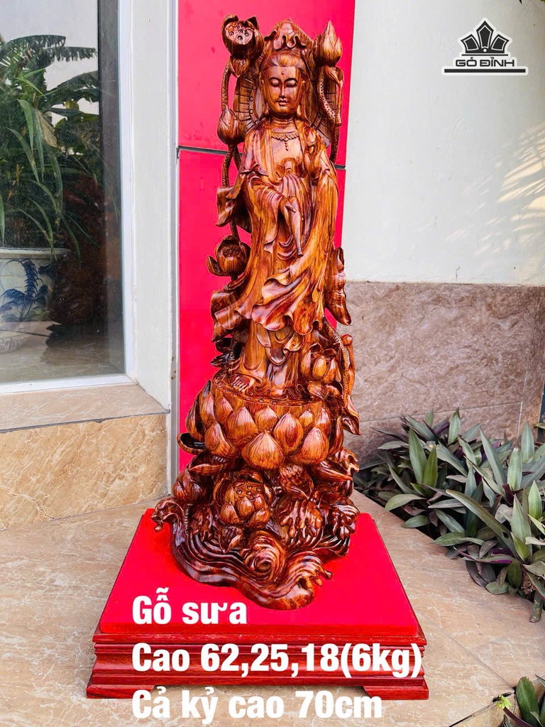 Tượng Phật Bà Quan Âm Gỗ Sưa Cao 62 Ngang 25 Sâu 18 (cm) - Cả Kỷ Cao 70 (cm) - 6kg