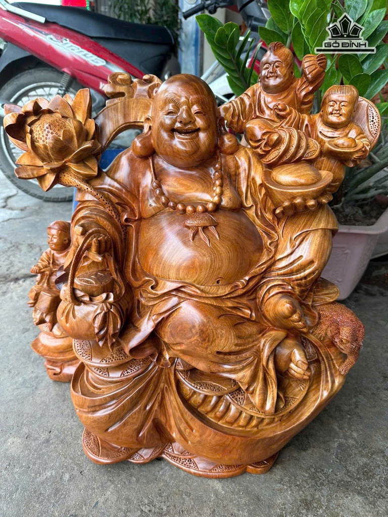 Tượng Phật Di Lặc Tam Phúc Gỗ Hương Cao 60 Ngang 60 Sâu 45 (cm)