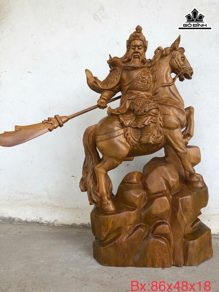 Tượng Quan Công Cưỡi Ngựa Gỗ Bách Xanh Cao 86 Ngang 48 Sâu 18 (cm)