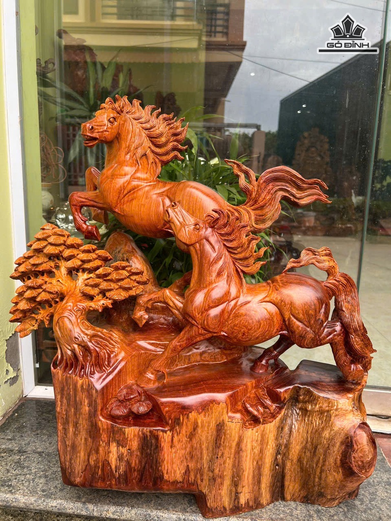 Tượng Song Mã Uyên Ương Gỗ Cẩm Cao 60 Ngang 56 Sâu 20 (cm)