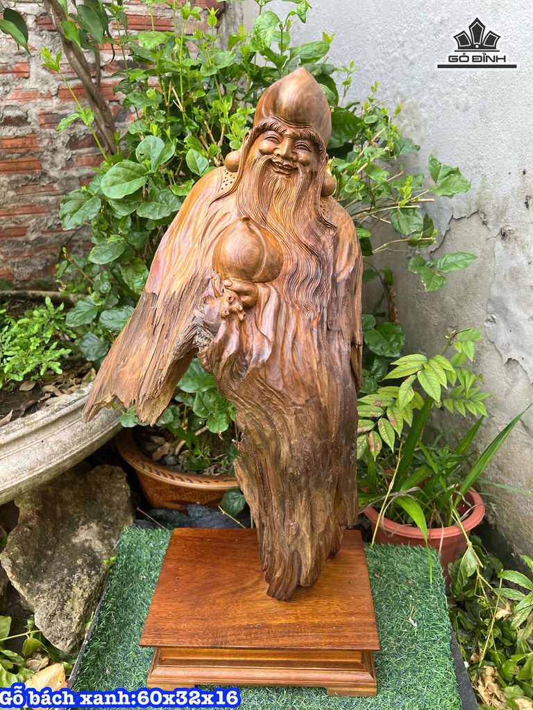 Tượng Ông Thọ Gỗ Bách Xanh Cao 60 Ngang 32 Sâu 16 (cm)
