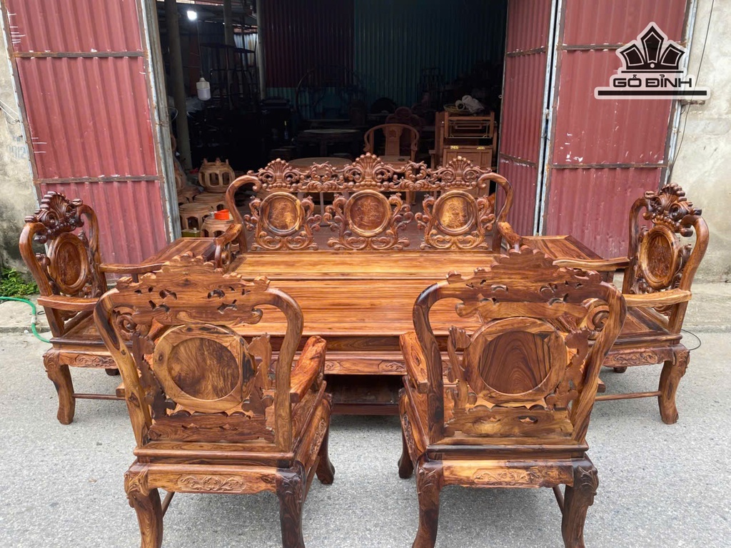 Bộ Hoa Lá Tây Gỗ Cẩm Lai Việt 8 Món - Đoản Dài 195x51 - Ghế Rộng 63x51 - Bàn 75x137 - Đôn 40,5x75 (cm)