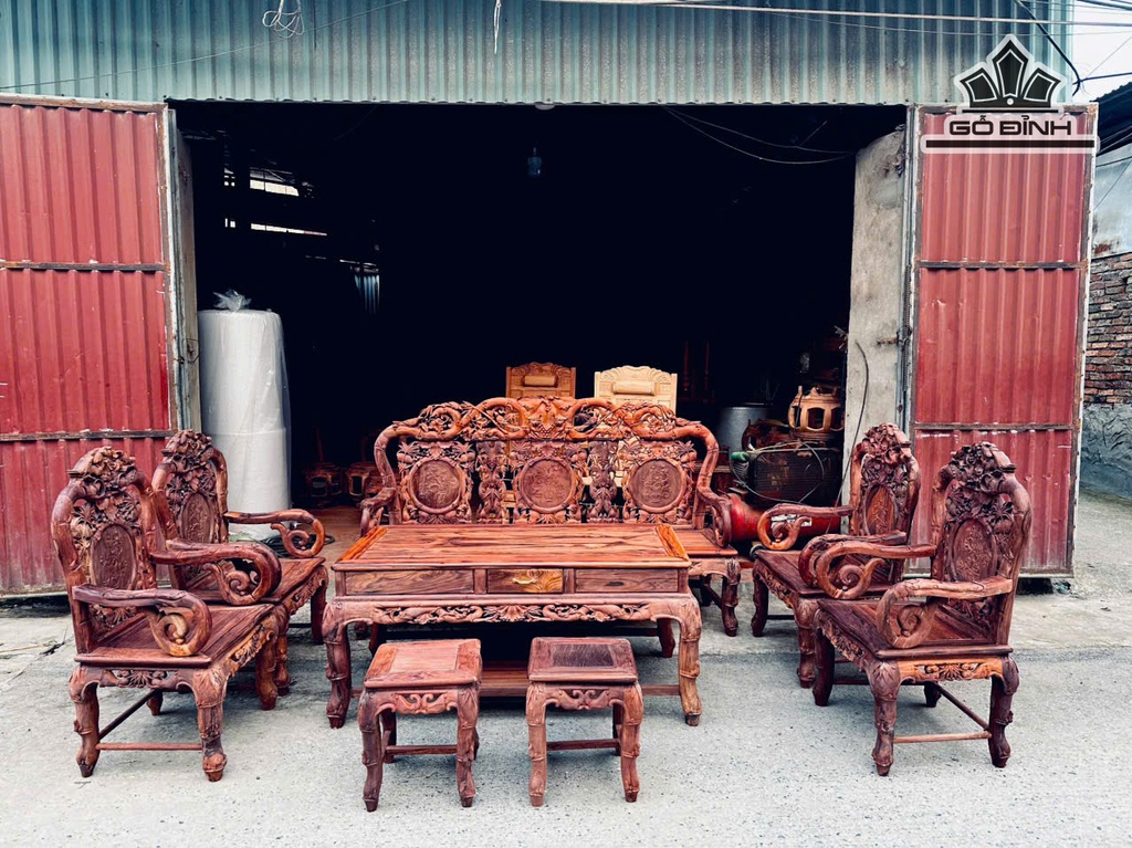 Bộ Trúc Gỗ Cẩm Lai Việt - Bàn Cao 61 Rộng 80 Dài 140 - Ghế Phụ Rộng 60 Sâu 48 - Ghế Dài 191 Sâu 48 - Đôn Mặt Vuông 35 Cao 43 (cm)