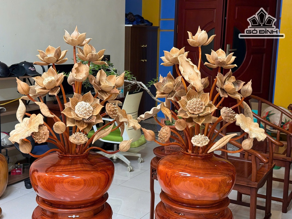 Cặp Hoa Gỗ Ngọc Am 25 Cành Cao 80 Xòe 60 - Bình Gỗ Hương Đỏ - Có Bán Lẻ Bình