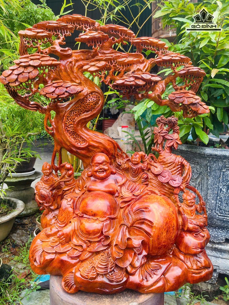Tượng Phật Di Lặc Tam Phúc Gỗ Nu Hương Cao 75 Ngang 60 Sâu 40 (cm)