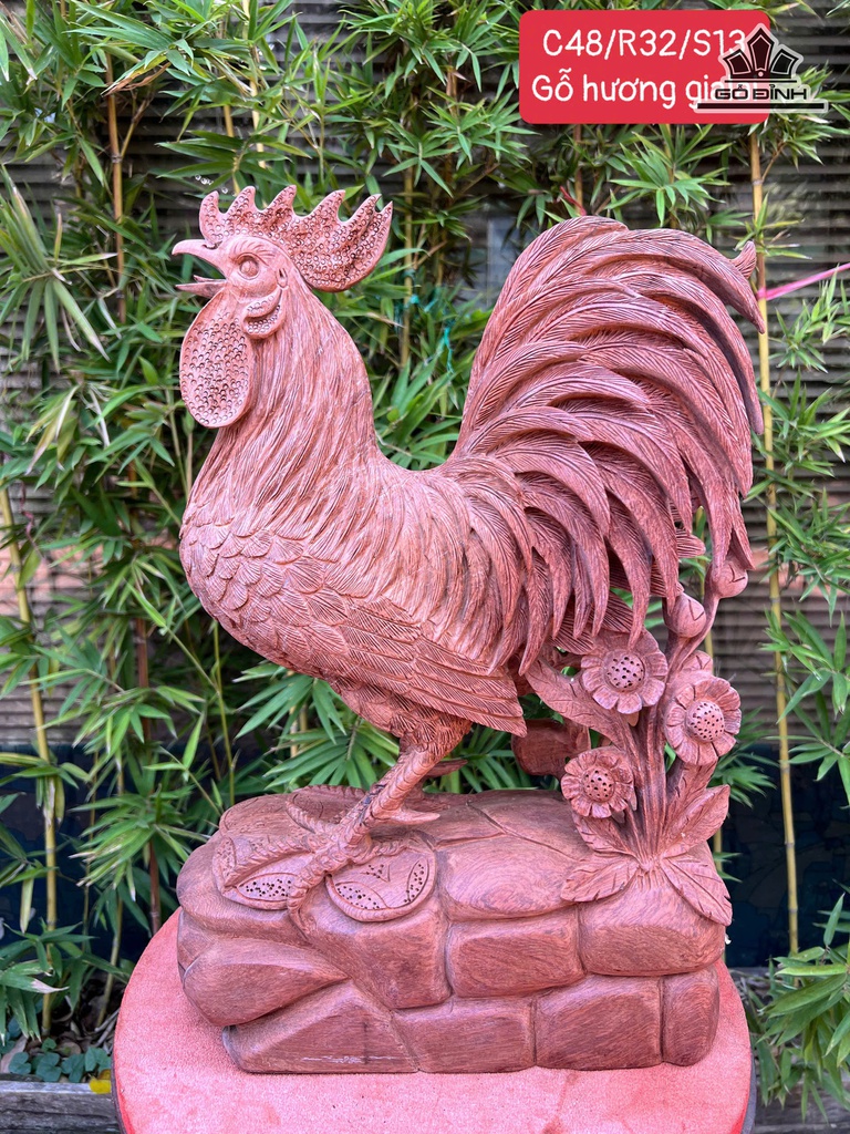 Tượng Gà Trống Gỗ Hương Cao 48 Ngang 32 Sâu 13 (cm)
