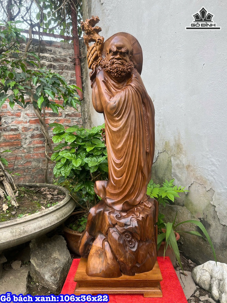 Tượng Đạt Ma Sư Tổ Gỗ Bách Xanh Cao 106 Ngang 36 Sâu 22 (cm)