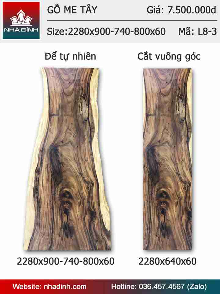 Mặt bàn gỗ Me Tây nguyên tấm  dài 2m28 rộng 90-74-80 dày 6 (cm)