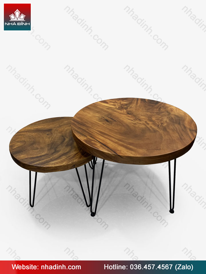 Bộ Bàn Tròn Sofa Gỗ Me Tây Nguyên Khối  đường kính 600 và 770 dày 50 (mm)