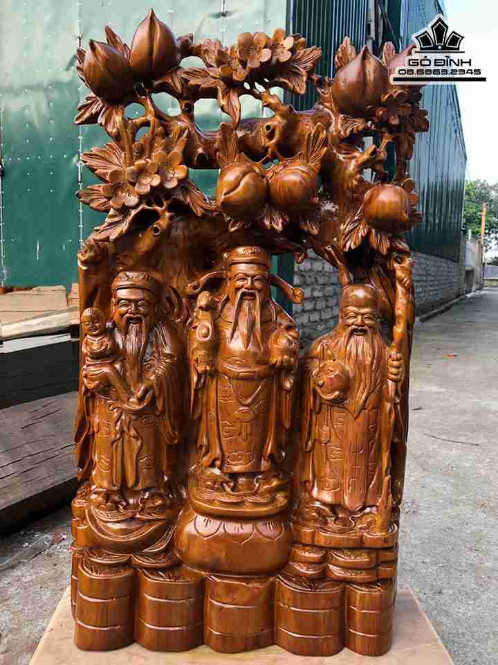 Tượng Tam Đa Phúc Lộc Thọ gỗ xá xị(gù hương)  cao 82 rộng 48 dày 17 (cm)