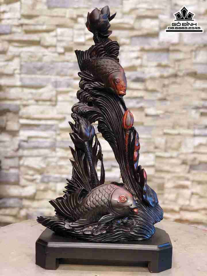 Tượng Song Ngư Đoạt Ngọc gỗ trắc  cao 56 rộng 28 dày 13 (cm)