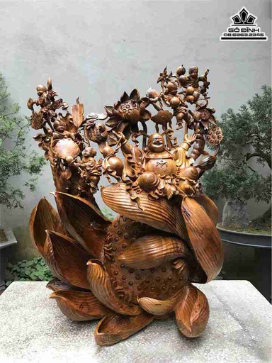 Tượng Phật Di Lặc Ngồi Đài Sen Gỗ Bách Xanh  Cao 102 Ngang 80 Sâu 48 (cm)