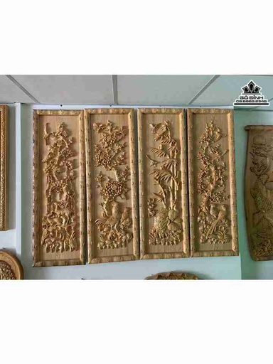Tranh Tứ Quý Gỗ Pơ Mu  Cao 120 Rộng 40 Dày 4,5 (cm)