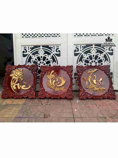 Tranh Chữ Phúc Lộc Thọ Gỗ Pơ Mu Sơn Giả Hương Mạ Vàng  Vuông 50 Dày 4 (cm)