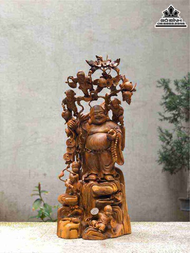 Tượng Phật Di Lặc Ngũ Phúc Gỗ Bách Xanh  Cao 80 Ngang 32 Sâu 22 (cm)