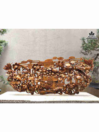 Tượng Cửu Phúc Lâm Môn Gỗ Bách Xanh  Cao 50 Ngang 118 Sâu 10 (cm)