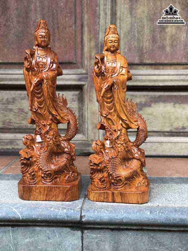 Tượng Phật Bà Quan Âm Ngự Long Gỗ Hương  Cao 50 Ngang 18 Sâu 15 (cm)