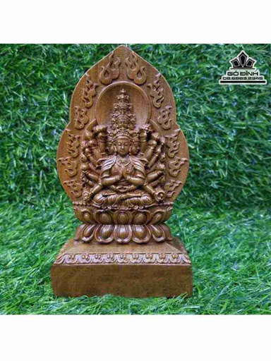 Tượng Phật Bà Nghìn Mắt Nghìn Tay Để Xe Gỗ Bách Xanh  Cao 15 (cm)