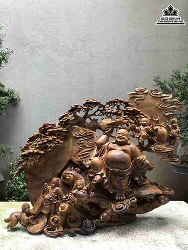 Tượng Phật Di Lặc Ngũ Phúc Gỗ Bách Xanh  Cao 70 Ngang 85 Sâu 33 (cm)