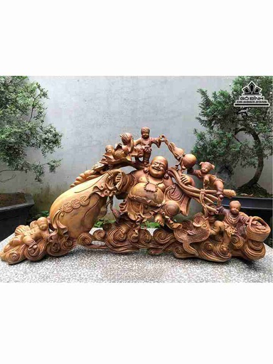 Tượng Phật Di Lặc Kéo Bao Tiền Gỗ Xá Xị (Gù Hương)  Cao 51 Ngang 100 Sâu 30 (cm)