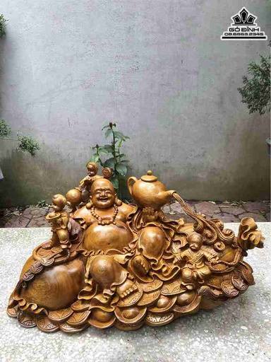 Tượng Phật Di Lặc Ngồi Bao Tiền Gỗ Xá Xị ( Gù Hương )  Cao 32 Rộng 60 Dày 42 (cm)