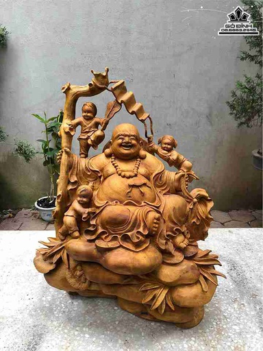 Tượng Phật Di Lặc Tam Phúc Gỗ Xá Xị (Gù Hương)  Cao 62 Ngang 46 Sâu 40 (cm)