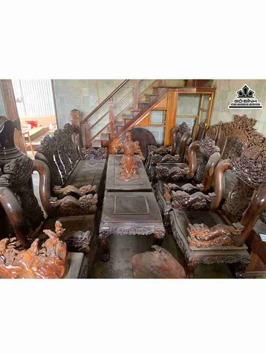 Bộ Bàn Ghế Nghê Gỗ Muồng  Tay 12, 12 Món