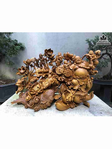 Tượng Phật Di Lặc Ngũ Phúc Gỗ Bách Xanh  Cao 64 Ngang 92 Sâu 45 (cm)