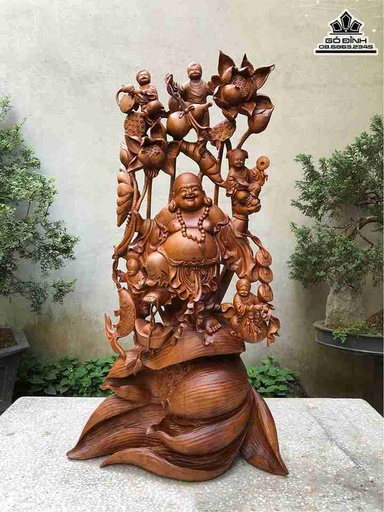 Tượng Phật Di Lặc Đứng Đài Sen Gỗ Xá Xị (Gù Hương) Cao 102 Ngang 55 Sâu 20 (cm)