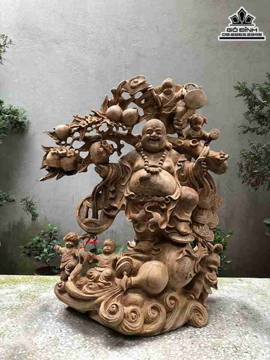 Tượng Phật Di Lặc Vác Cành Đào Gỗ Ngọc Am  Cao 68 Ngang 54 Sâu 30 (cm)