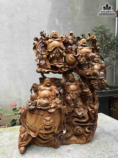 Tượng Phật Di Lặc Ngũ Phúc Gỗ Bách Xanh  Cao 72 Ngang 60 Sâu 21 (cm)