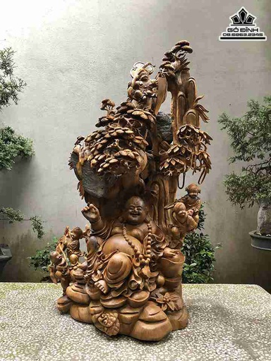 Tượng Phật Di Lặc Ngũ Phúc Ôm Đá Gỗ Bách Xanh  Cao 100 Ngang 60 Sâu 36 (cm)