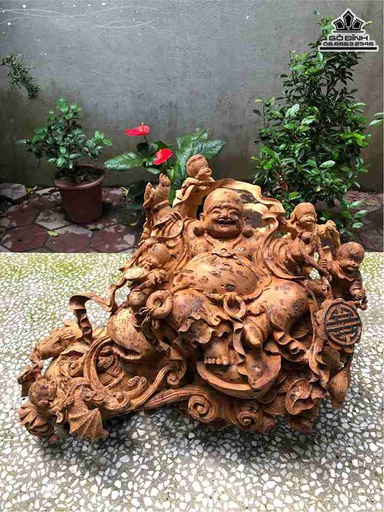 Tượng Phật Di Lặc Ngũ Phúc Gỗ Nu Ngọc Am  Cao 30 Ngang 48 Sâu 35 (cm)
