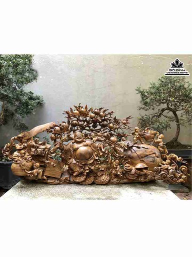 Tượng Phật Di Lặc Kéo Bao Tiền Gỗ Bách Xanh  Cao 65 Ngang 150 Sâu 45 (cm)