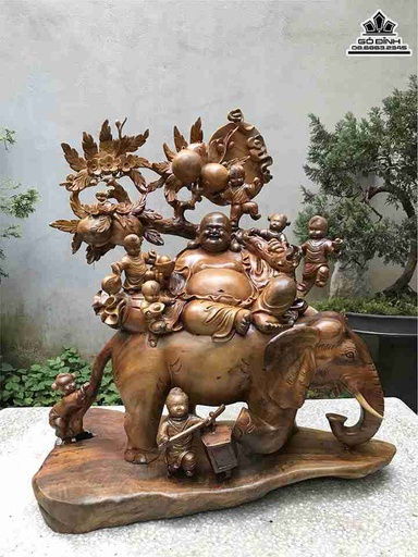 Tượng Phật Di lặc Thất Tặc  Ngự Voi Gỗ Xá Xị  Cao 83 Ngang 80 Sâu 38 (cm)