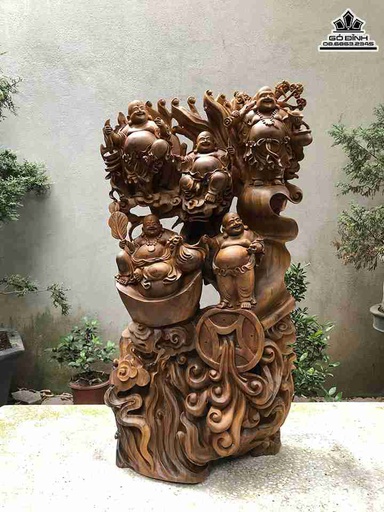 Tượng Phật Di Lặc Ngũ Phúc Gỗ Bách Xanh  Cao 85 Ngang 48 Sâu 24 (cm)