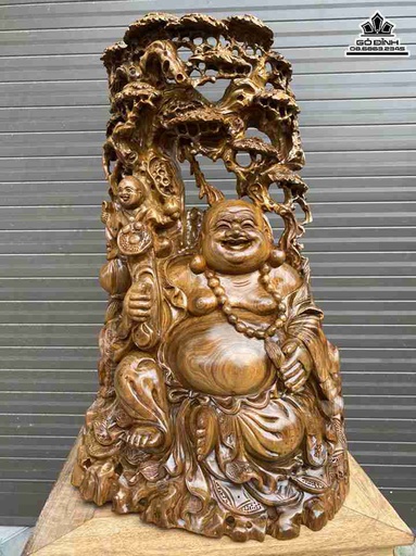 Tượng Phật Di Lặc Cầm Gậy Như Ý Gỗ Bách Xanh  Cao 60 Ngang 33 Sâu 23 (cm)