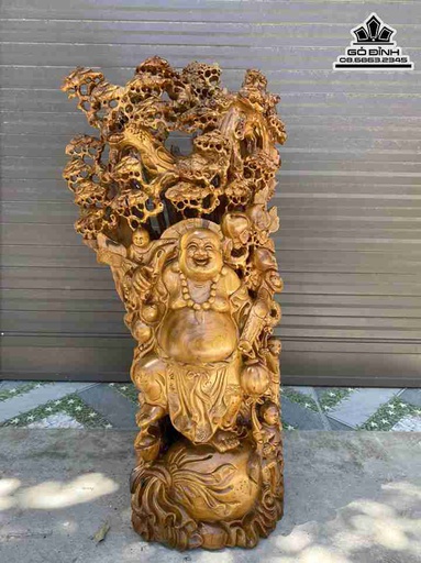 Tượng Phật Di Lặc Vác Cành Đào Gỗ Bách Xanh  Cao 99 Ngang 47 Sâu 30 (cm)