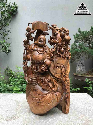 Tượng Phật Di Lặc Ngũ Phúc Gỗ Bách Xanh  Cao 72 Ngang 42 Sâu 28 (cm)