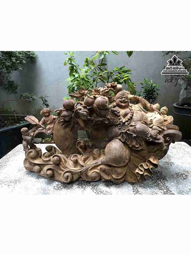 Tượng Phật Di Lặc Vác Cành Đào Gỗ Ngọc Am  Cao 43 Ngang 73 Sâu 25 (cm)