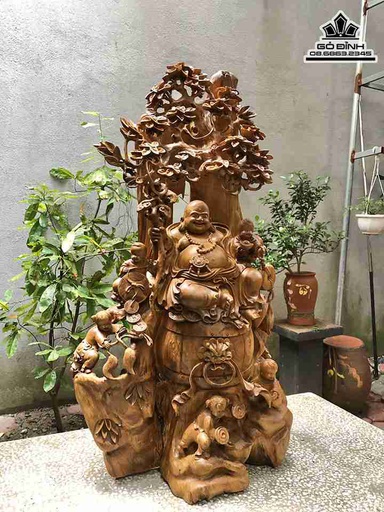 Tượng Phật Di lặc Ngũ Phúc Gỗ Bách Xanh  Cao 96 Ngang 65 Sâu 35 (cm)