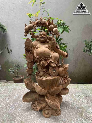 Tượng Phật Di Lặc Vác Cành Đào Gỗ Ngọc Am  Cao 60 Ngang 35 Sâu 30 (cm)