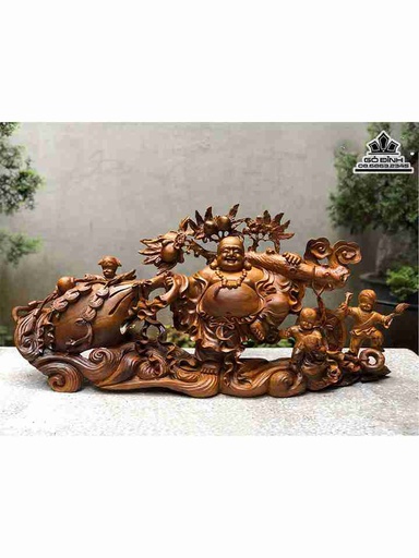 Tượng Phật Di Lặc Vác Cành Đào Gỗ Xá Xị (Gù Hương)  Cao 41 Ngang 90 Sâu 20 (cm)